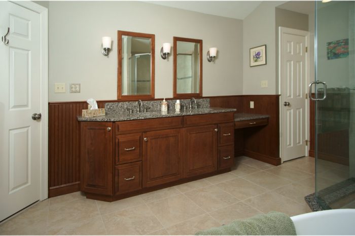 Stained cherry vanity with quartz countertop and undermount sink Center Valley, PA