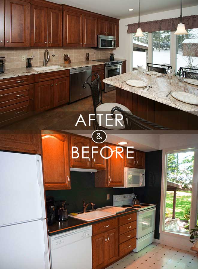 before and after comparison photo of the traditional brown kitchen by dan lenner in slatington pa