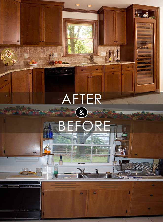 before and after comparison photo of cherry transitional brown kitchen in Bethlehem pa