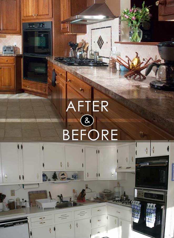 before and after comparison photo of traditional stained cherry kitchen created by morris black designs