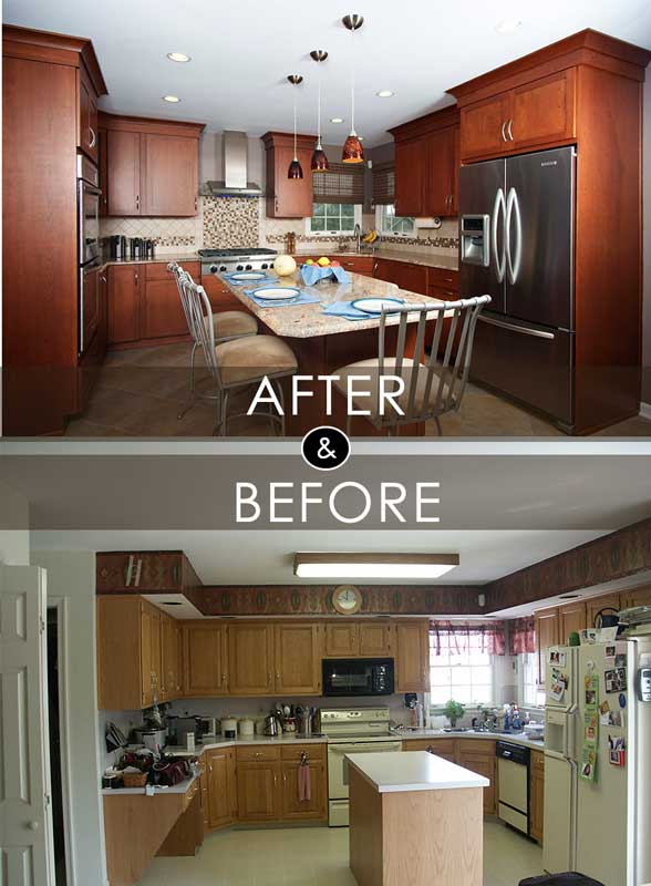 before and after comparison photo of transitional open cherry kitchen by morris black designs in allentown