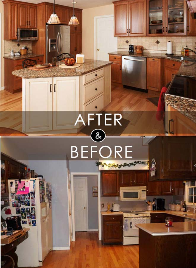 This kitchen remodel involved removing existing soffits and cabinetry in a "U" shaped configuration, typical of 1980's kitchens