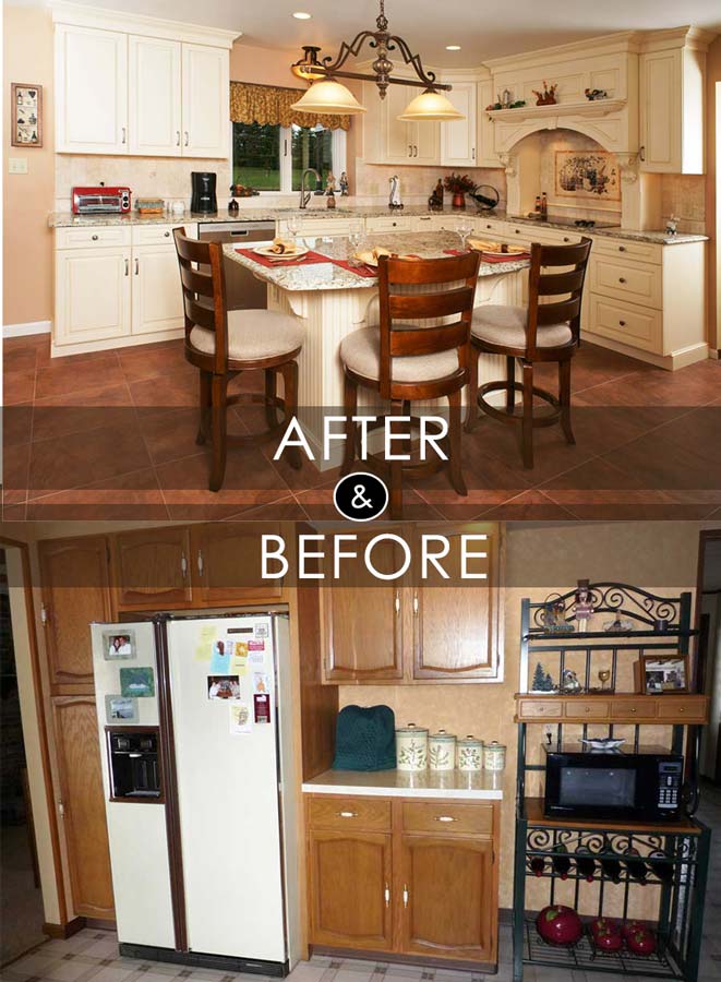 before and after comparison photo of cream kitchen in Lehighton PA designed by Morris Black designs