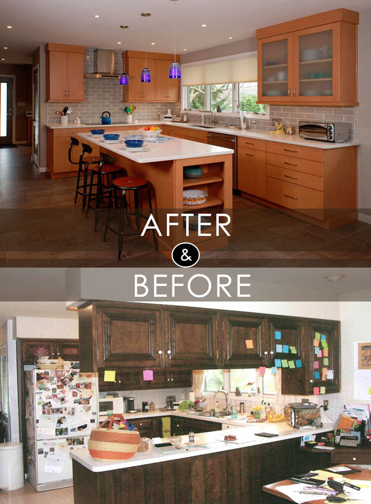 Before and after comparison photo of transitional maple kitchen designed by Lydia Bogle in Allentown PA