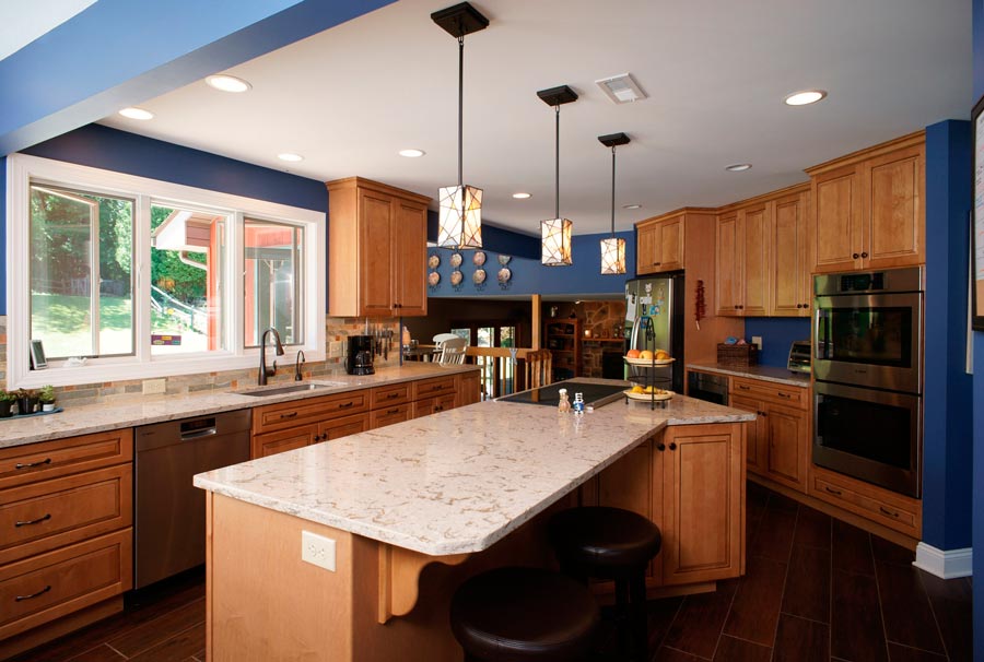 traditional style glazed maple kitchen with blue walls in coopersburg pa designed by morris black designs