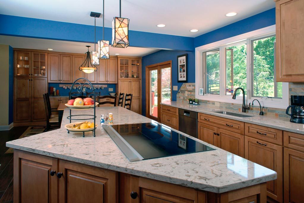 traditional style glazed maple kitchen with blue walls in a contemporary home located in coopersburg pennsylvania