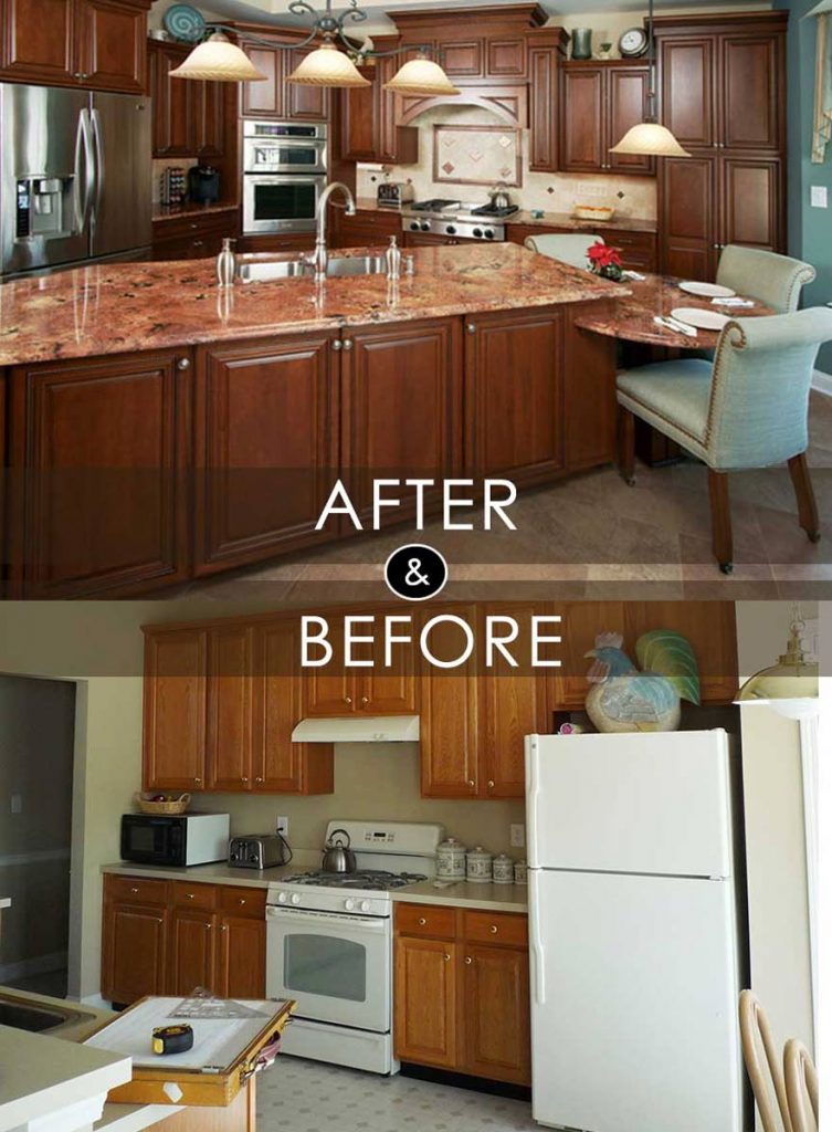 Before and after comparison photo of renovation of traditional old world influenced kitchen in Macungie PA