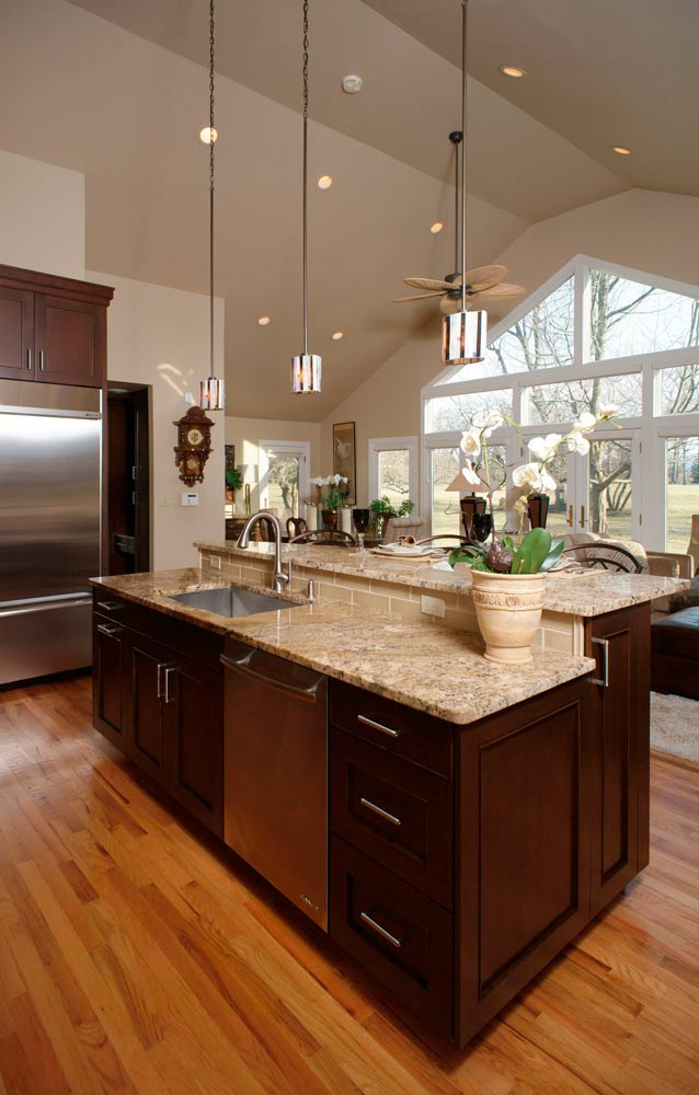 transitional cherry kitchen with high ceilings created by Morris Black Designer Lydia Bogle in Easton PA