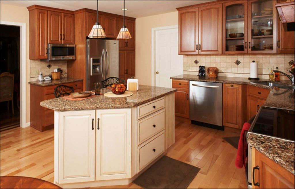 transitional kitchen with glazed maple kitchen island designed by dan lenner of morris black designs