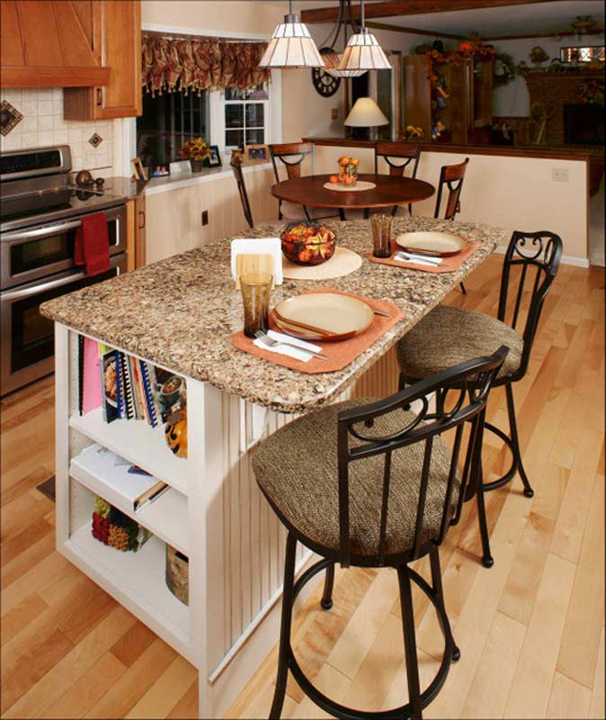 granite countertop with seating for two in transitional kitchen with glazed maple kitchen island morris black