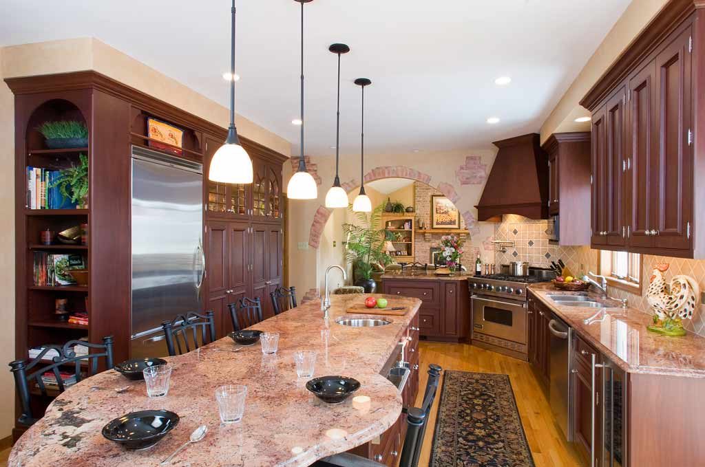 mediterranean kitchen with a large island with seating in emmaus pennsylvania