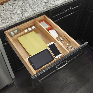 kitchen storage ideas include an electronics drawer for your kitchen