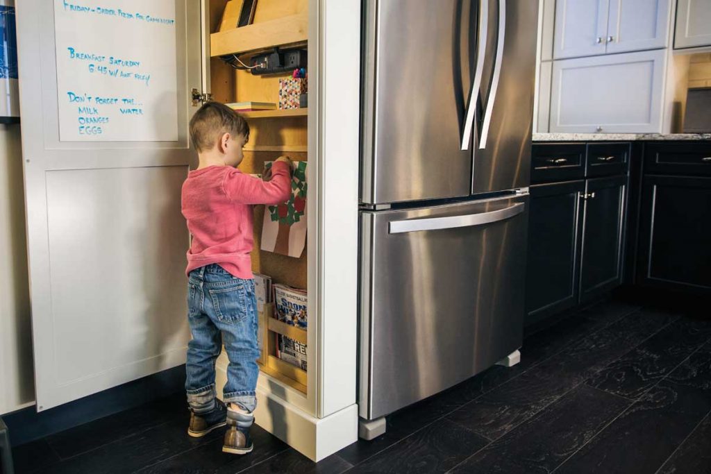 family friendly kitchens include cabinet storage space for kids supplies and toys