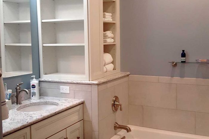 baby blue bathroom with beautiful storage shelving in allentown pennsylvania