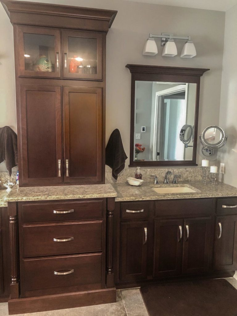 Double Vanity with Cherry Cabinets and Quartz Countertops