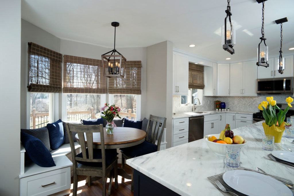Bethlehem Township Home with Banquette Seating in Dove White Kitchen