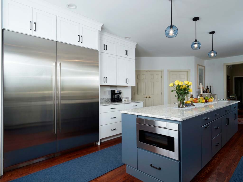 Design with Blue Kitchen Island and White Kitchen Cabinets