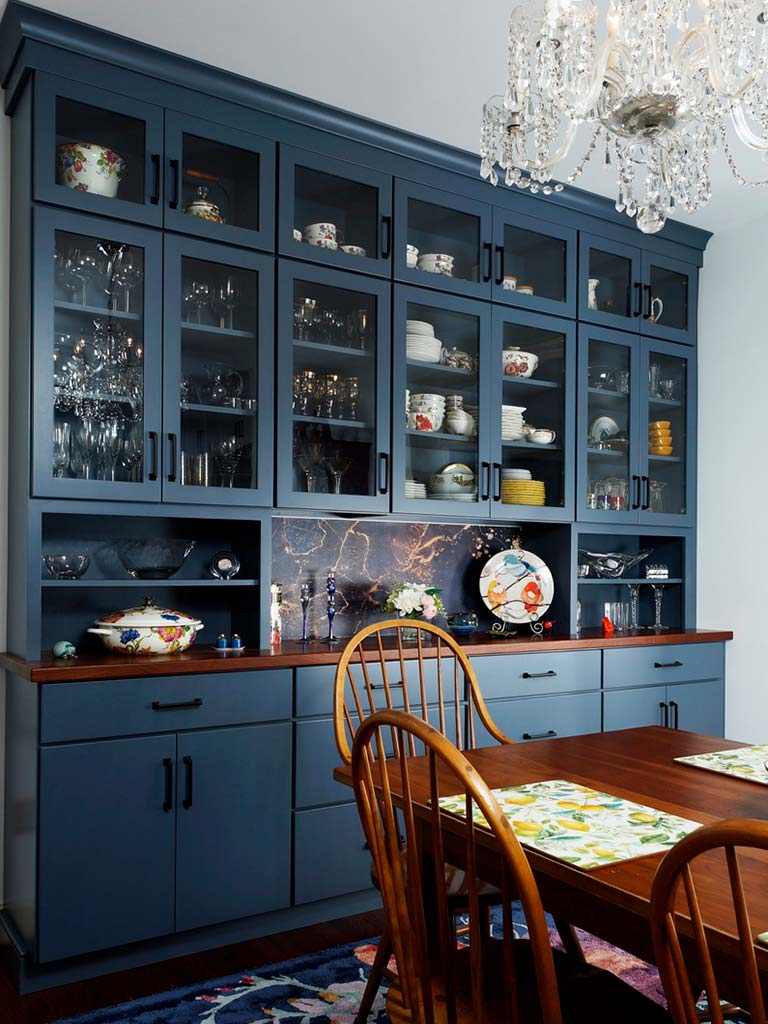 Blue Gale Classic Painted Dining Room Hutch with a Wood Countertop and Glass Front Doors