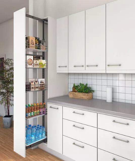 Pull out cabinet pantry with space for kitchenware and more