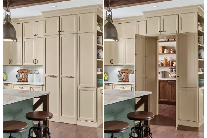 Tan painted walk-in Pantry for ample kitchen storage